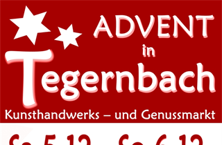 Flyer für den Adventmarkt in Tegernbach; weiße Schrift mit rotem Hintergrund
