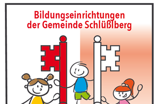 zwei Schlüsseln und 3 Kinder; Bild ist gezeichnet; Wappen der Bildungseinrichtungen der Marktgemeinde Schlüßlberg